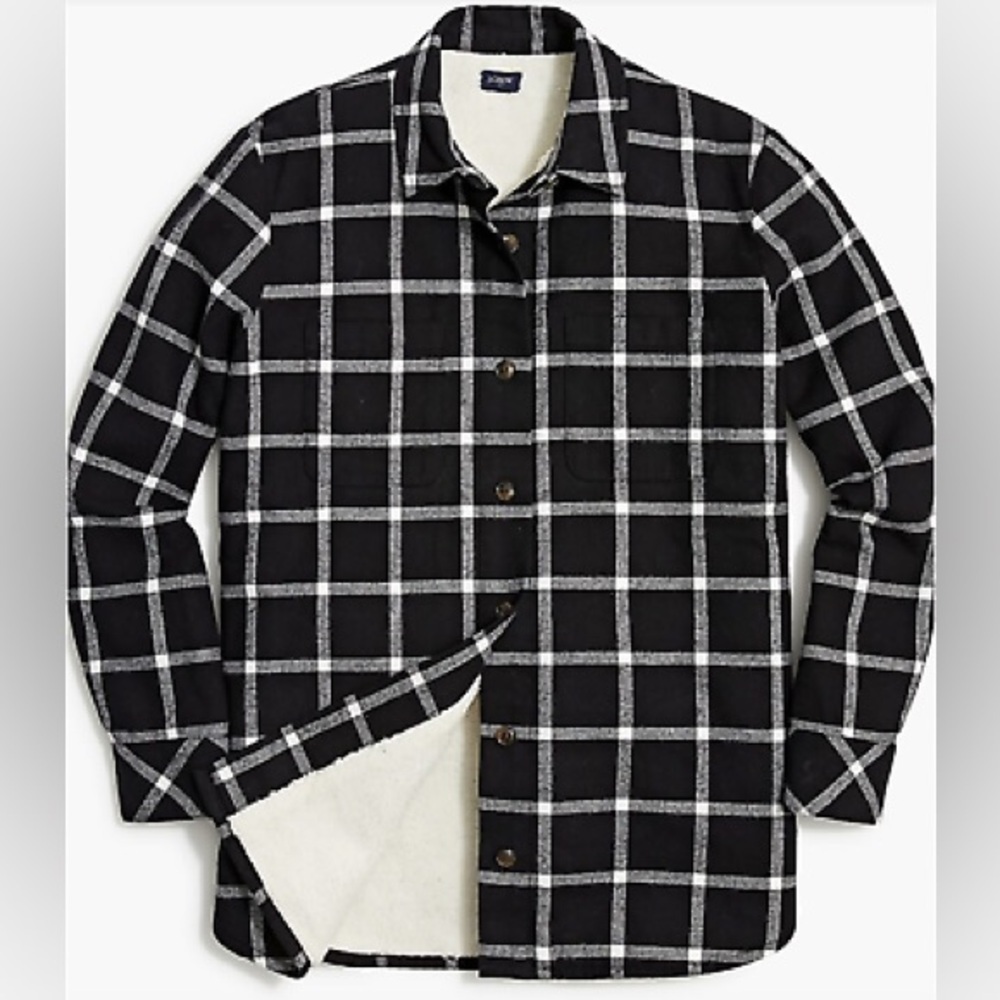 J. Crew Black & White Plaid Sherpa-lined shirt-jacket - Size MP